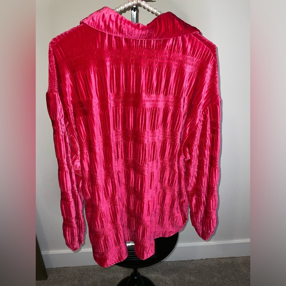 OVERSIZED Bibi Fuscia Velvet button down shirt with tiered shirring - size small - Picture 6 of 12